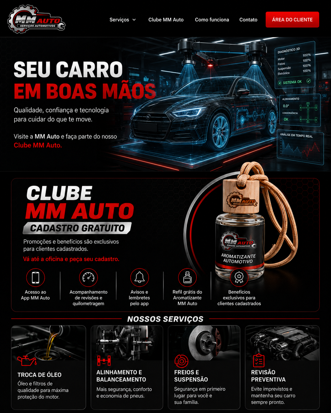 Visual institucional MM Auto com tecnologia automotiva, Clube MM Auto e principais serviços